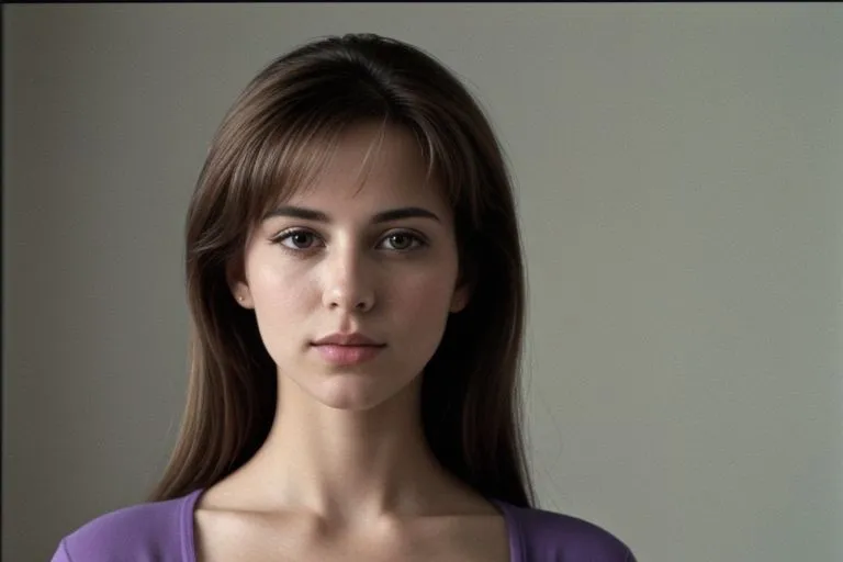 A realistic 1980s woman portrait showing a young woman with brown hair, neutral expression, and wearing a purple top against a plain background.