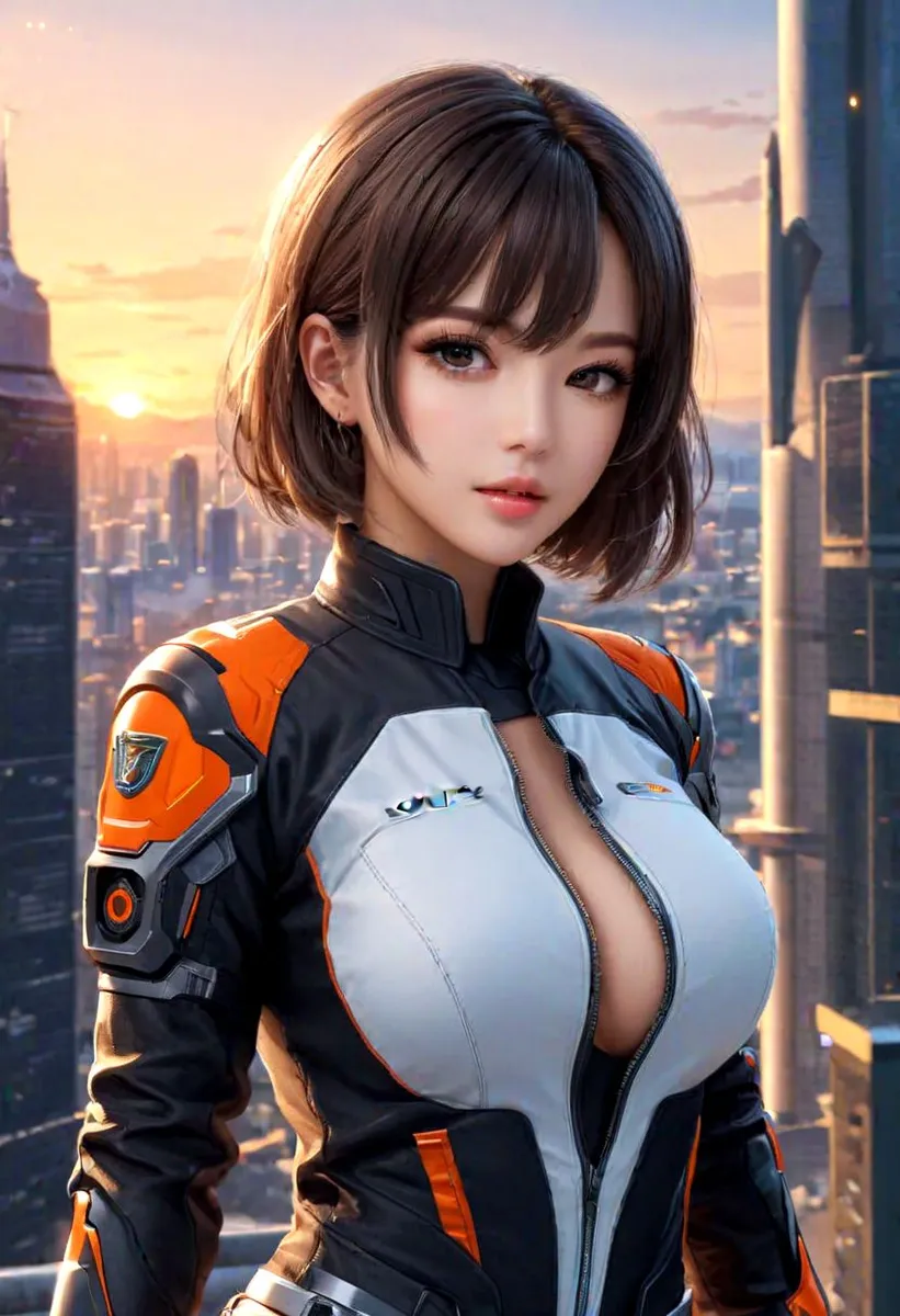 Highly detailed cyberpunk woman wearing a futuristic black and orange suit with short hair, standing against a cityscape at sunset.