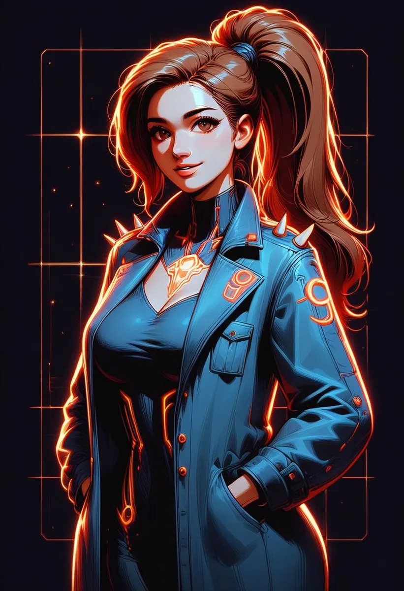 A cyberpunk-style digital portrait of a young woman with brown hair in a high ponytail, wearing a glowing blue spiked jacket, smiling confidently against a dark background.