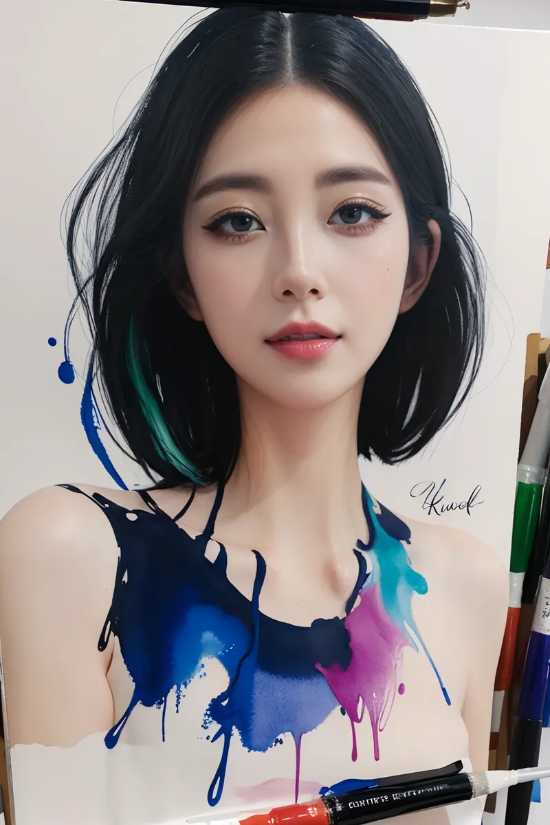 Portrait of a photorealistic young woman with short black hair and soft makeup, featuring colorful watercolor and gouache paint splashes on her clothing and skin.