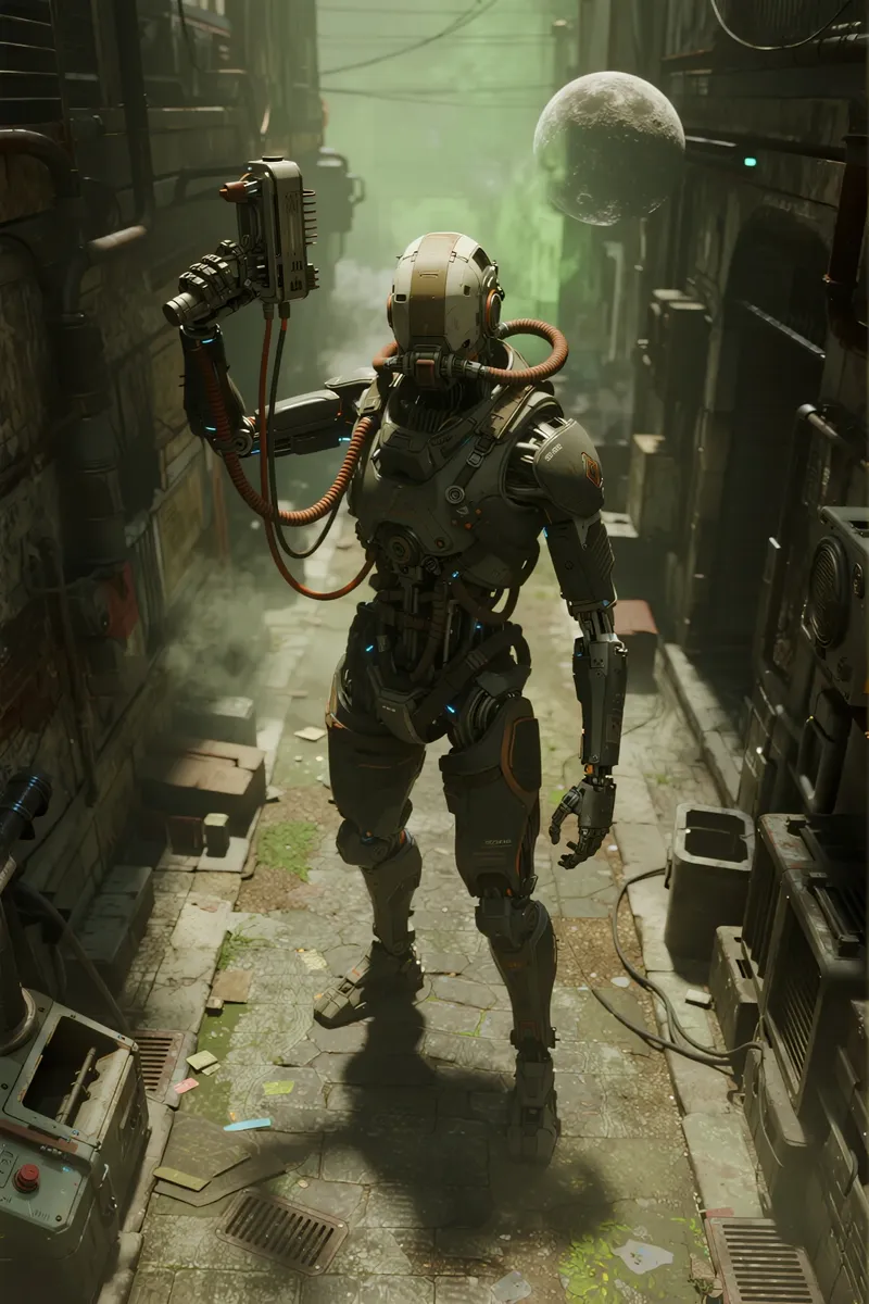 An athletic android space ship pilot wearing a detailed exoskeleton stands in a smokey alley on a heavily greebled moon, holding advanced instruments with a planet visible overhead.
