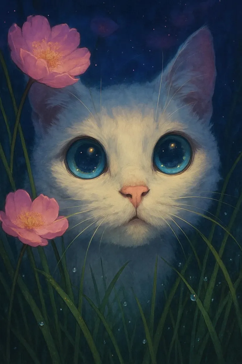 Digital painting of a white cat with large blue eyes peeking through pink flowers and green grass with dew drops against a dark purple and blue ethereal background.