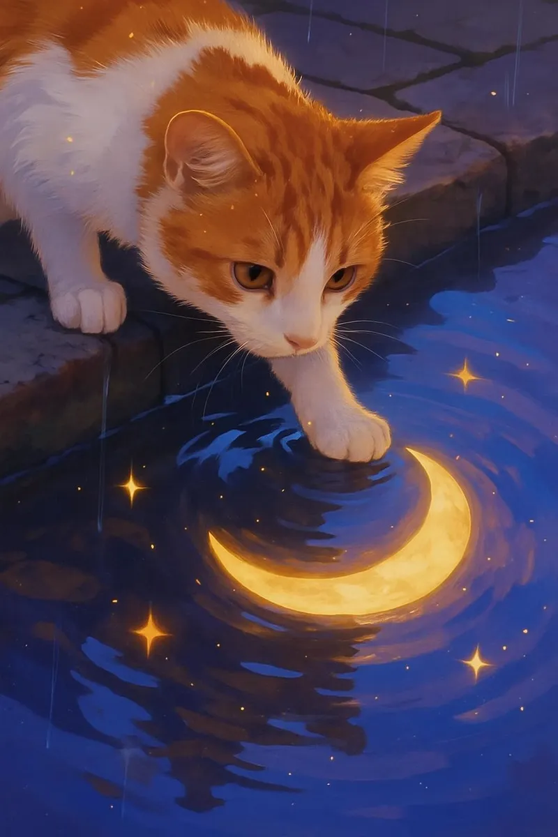 Digital painting of a ginger tabby cat with white paws dipping its paw into a reflective blue and purple water surface showing a glowing crescent moon and stars.