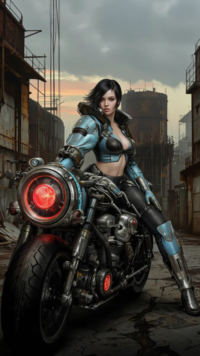 一位身穿蓝黑色高科技盔甲的年轻女子，黑色短发，坐在装备复杂发光装饰的未来主义摩托车上，背景是破旧的工业废墟和夕阳的朦胧天空。