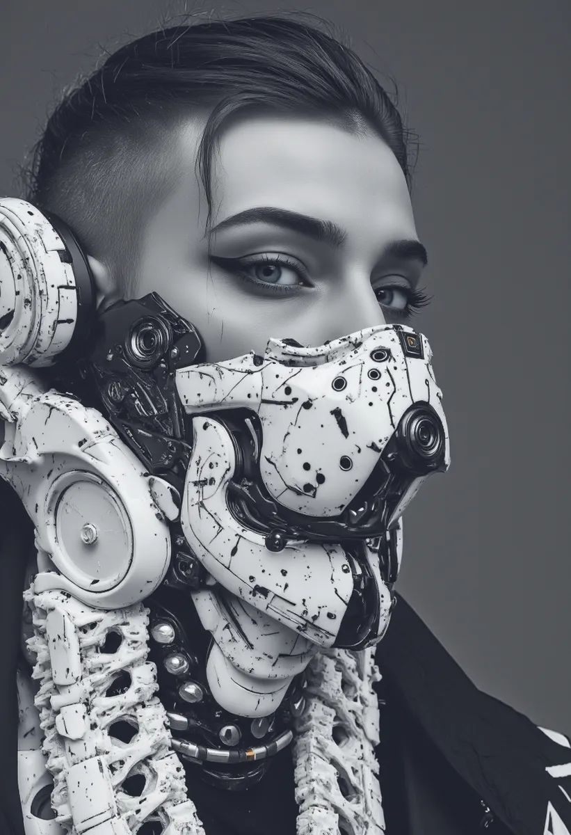 Portrait of a humanoid figure featuring a detailed white and black robotic mask with cyberpunk elements, showing human eyes and hair