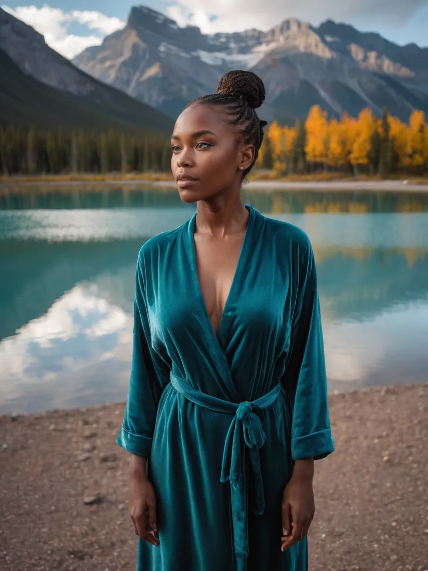 Portrait of a woman wearing a teal velvet robe standing near a turquoise lake with autumn foliage and mountains of Banff National Park in the background under golden hour light.