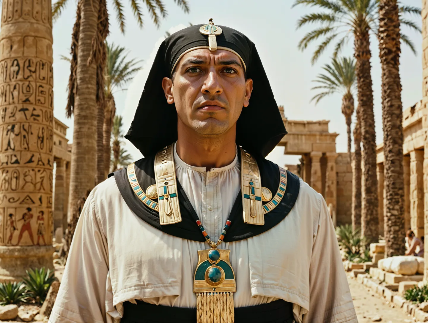 Strict-faced Ancient Egyptian priest wearing traditional priest clothing and ceremonial jewelry, standing with tall posture at an Egyptian temple surrounded by hieroglyph-covered columns and palm trees under bright daylight.