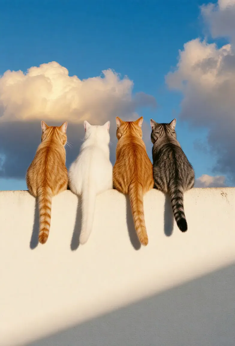 Four cats sitting side by side on a white wall, viewed from behind, under a blue sky with fluffy cumulus clouds.