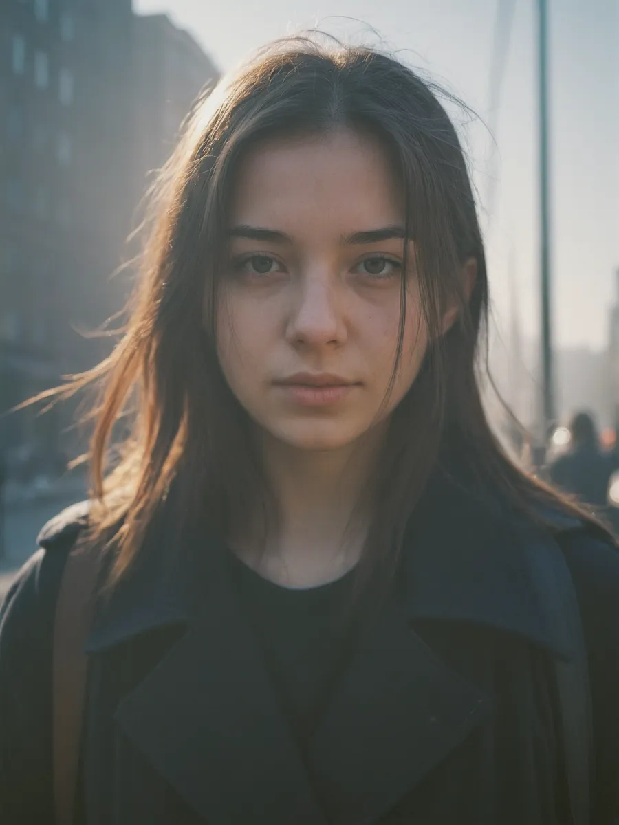 Closeup portrait of a young woman with long dark hair wearing dark clothes on a foggy city street in daylight