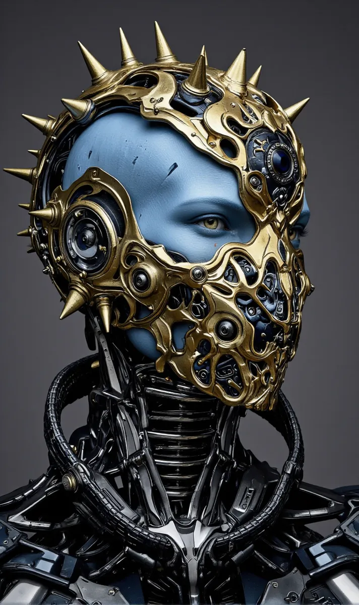Photo-realistic image of a futuristic humanoid robot with blue skin, wearing an intricate gold mask adorned with spikes and mechanical components.