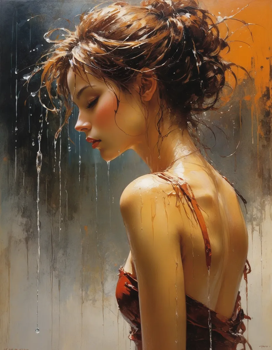 A wet, ethereal portrait of a romantic young woman with wet hair and water dripping down her shoulders, painted with intricate details and a delightful aesthetic.
