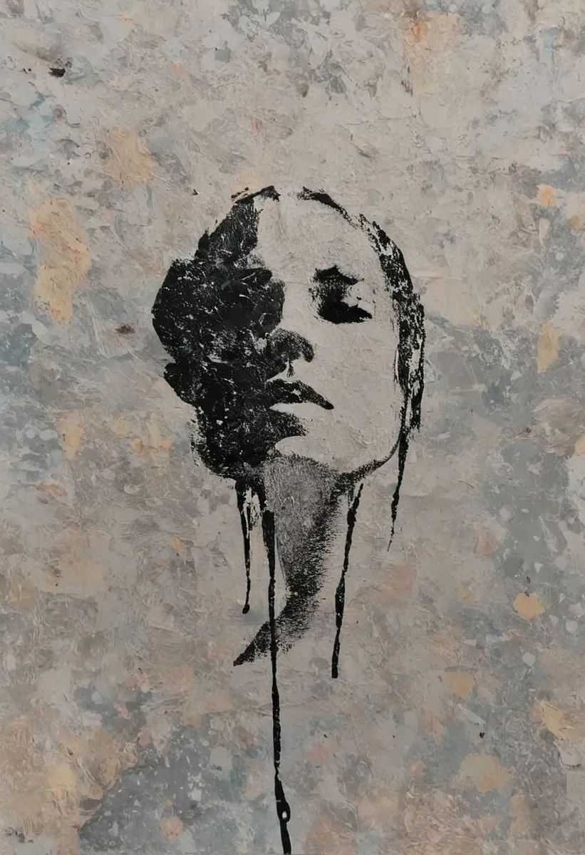 Impasto oil painting featuring a half-length shadow silhouette of a woman with thick, textured paint and muted colors on a speckled, abstract background.