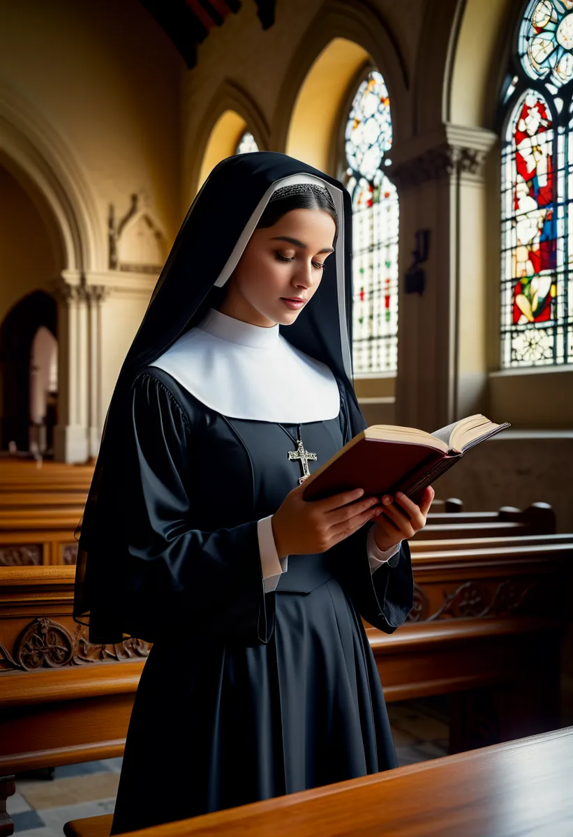 A young nun wearing traditional black and white religious habit reading a prayer book inside a convent church with stained glass windows in the background.
