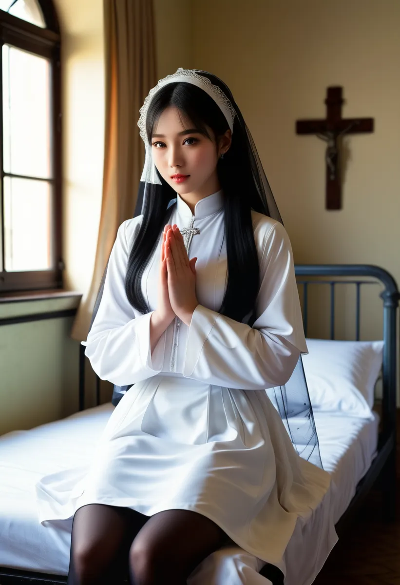 Young Japanese nun with black twin-tail hair wearing a white habit and veil, sitting on a bed in a convent infirmary, hands clasped in prayer with a crucifix on the wall behind her.