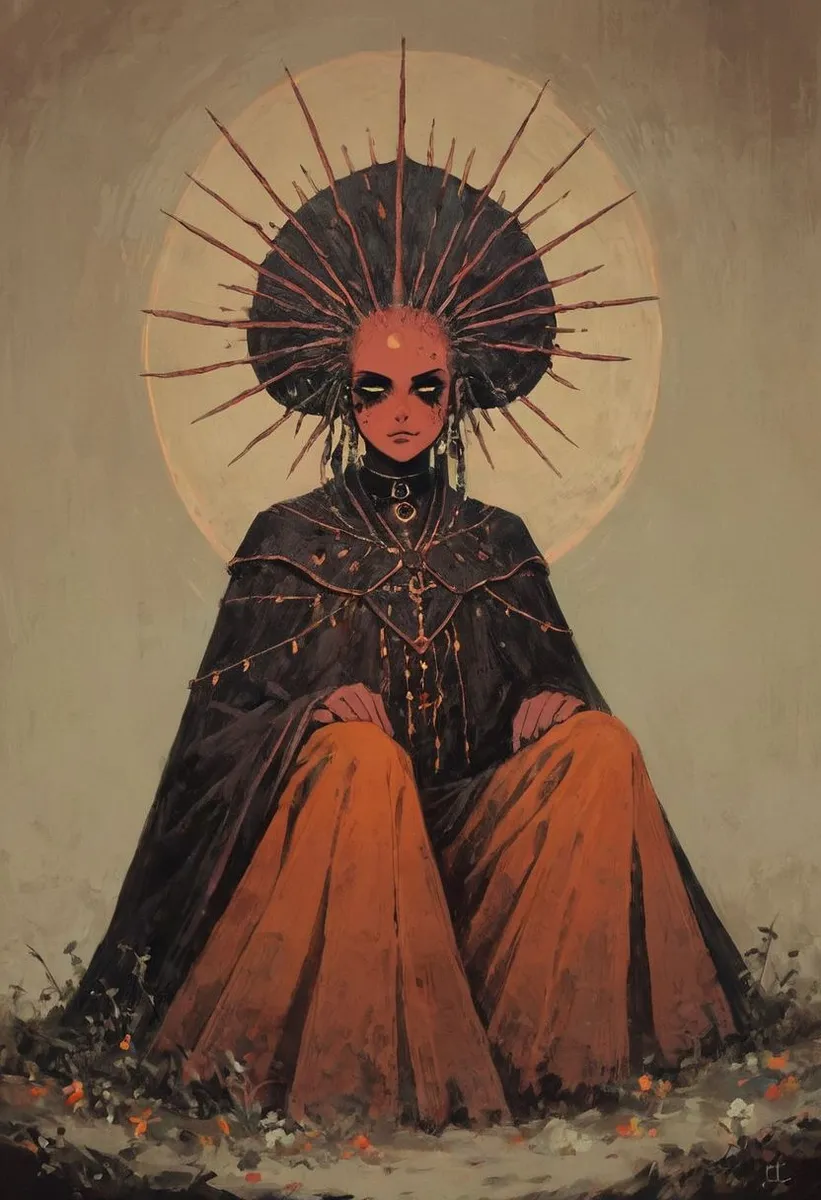 A powerful cultist girl sitting in a woodland grove wearing dark robes and ceremonial facepaint, surrounded by a halo-like sun, with seductive and erotic aesthetics.