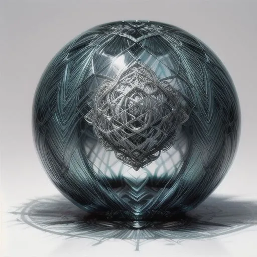 A hyperrealistic crystal flower sphere with intricate filigree patterns and surreal lighting casting detailed shadows on a smooth surface.