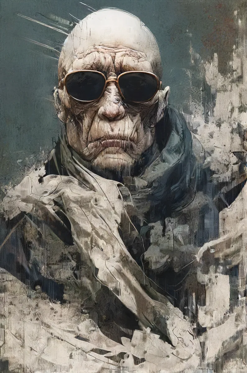 Portrait of a frail, ghostly male spirit with balding head wearing sunglasses and military attire amid chaotic brush strokes.