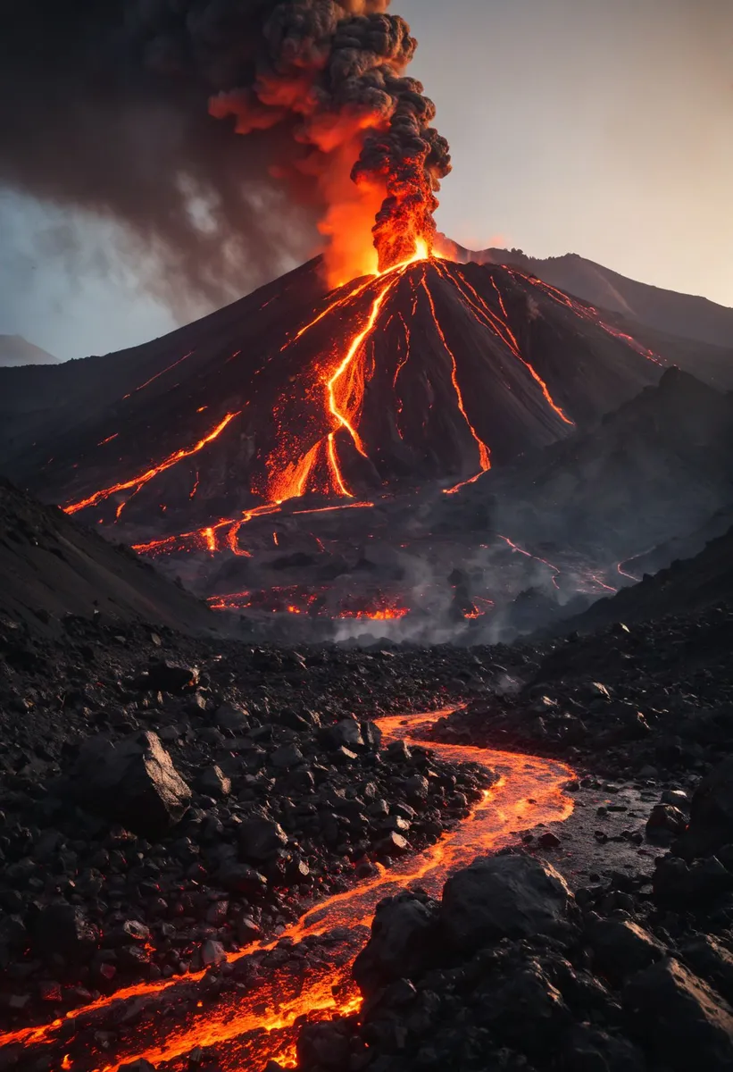 A dramatic volcano eruption with glowing molten lava flowing down the mountainside, thick smoke billowing into the sky, and volcanic ash covering the rocky terrain.