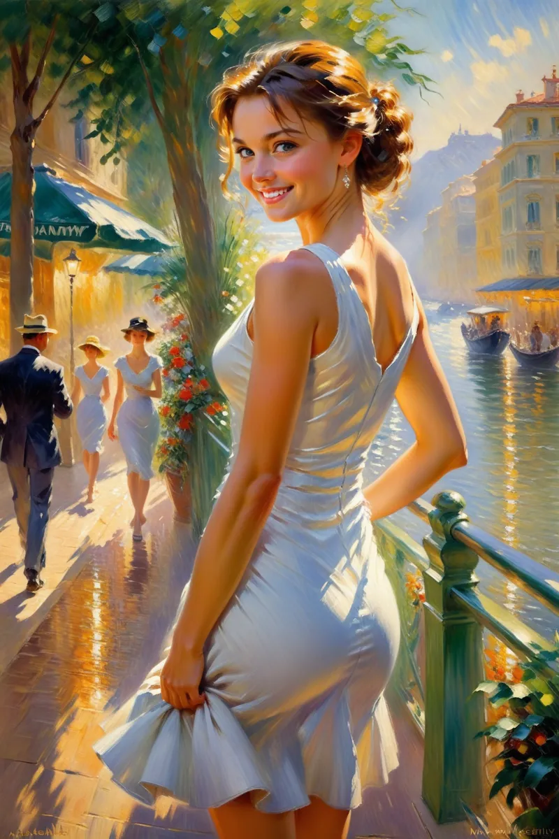 A smiling young woman in a white dress stands by a sunlit canal promenade, with impressionist lighting and European buildings in the background.