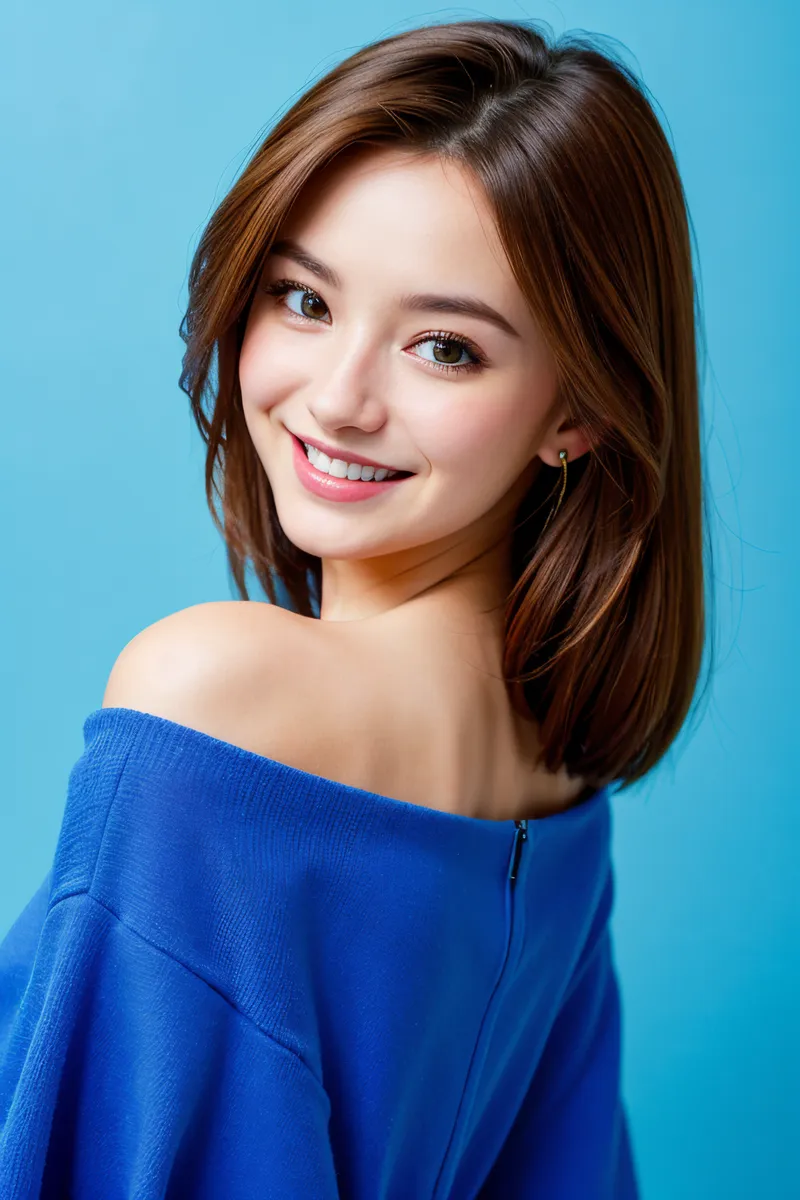 A photorealistic portrait of a smiling young woman with brown hair wearing a blue off-shoulder top against a blue background.
