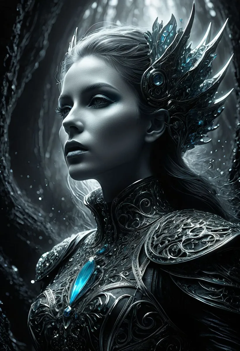 Portrait of an ethereal, non-fairy female figure in black and white digital art. She wears intricately detailed, ornate armor with glowing blue accents and a complex headpiece, lit with chiaroscuro effects against a softly blurred bokeh background.