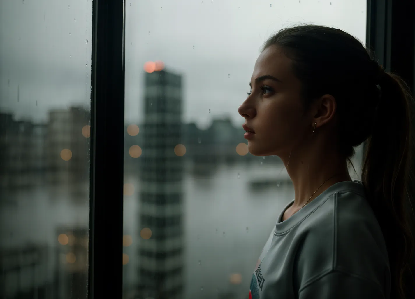 Side profile of a girl standing in front of a rainy window with city lights reflected at dusk, featuring moody and dynamic lighting.