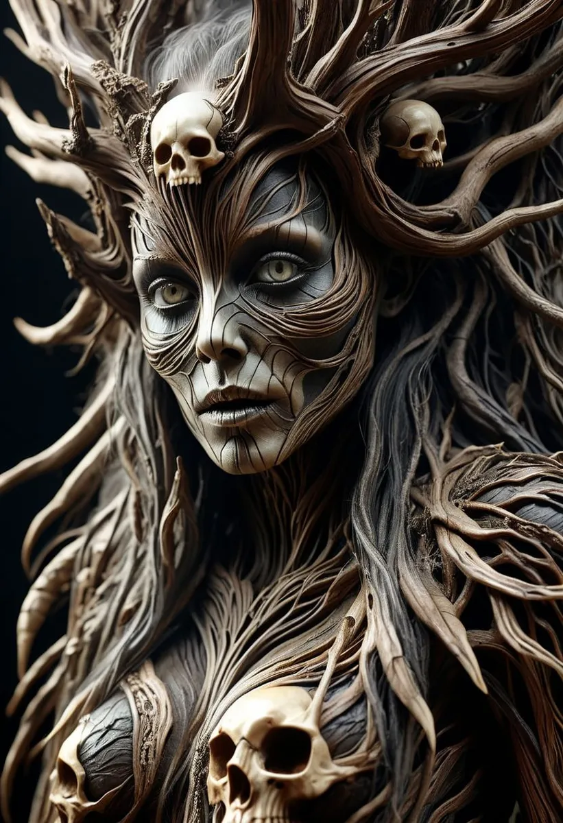Highly detailed dark fantasy depiction of an ancient dryad with bark-like skin and wooden branches entangling her, adorned with skulls integrated into the design, exhibiting grimdark style and intricate textures.