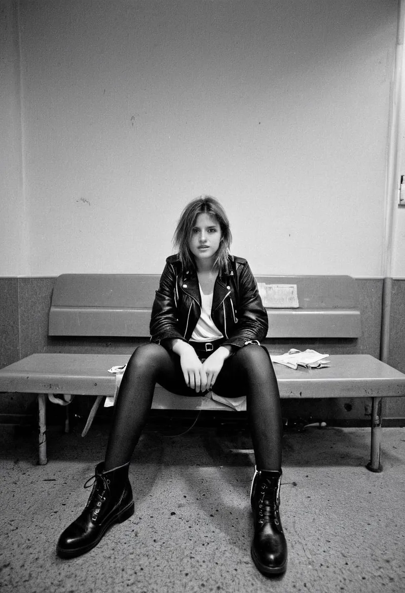 Black and white photo of a young German street style woman sitting in an abandoned hospital, wearing a leather jacket, ankle boots, and hot pants, captured with wide angle and grainy effect.