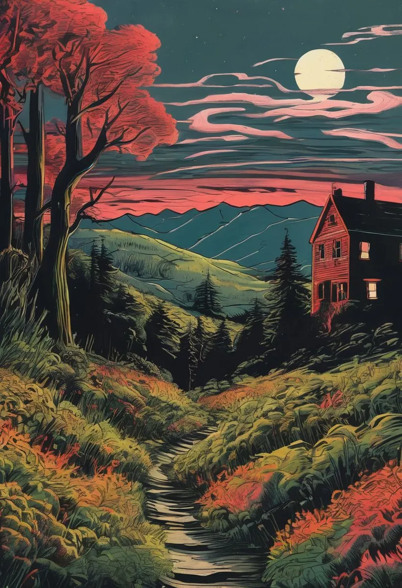 A vivid B-Movie Horror aesthetic hill landscape under a glowing moonlit sky, with a dark moody atmosphere, a haunted-looking house glowing from windows, and intricate foliage details.