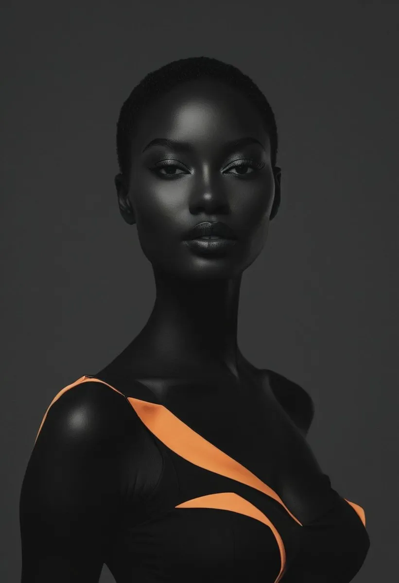 Portrait of a high-end model with smooth dark skin and sleek streamlined design wearing a black and orange minimalist outfit, photographed in a 3D style.