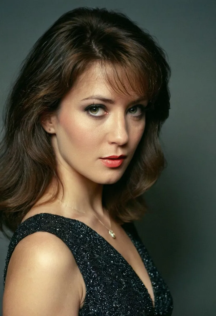 Portrait of a 1980s American movie actress with detailed eyes, wearing a formal black dress, dimly lit with low key and rim lighting.
