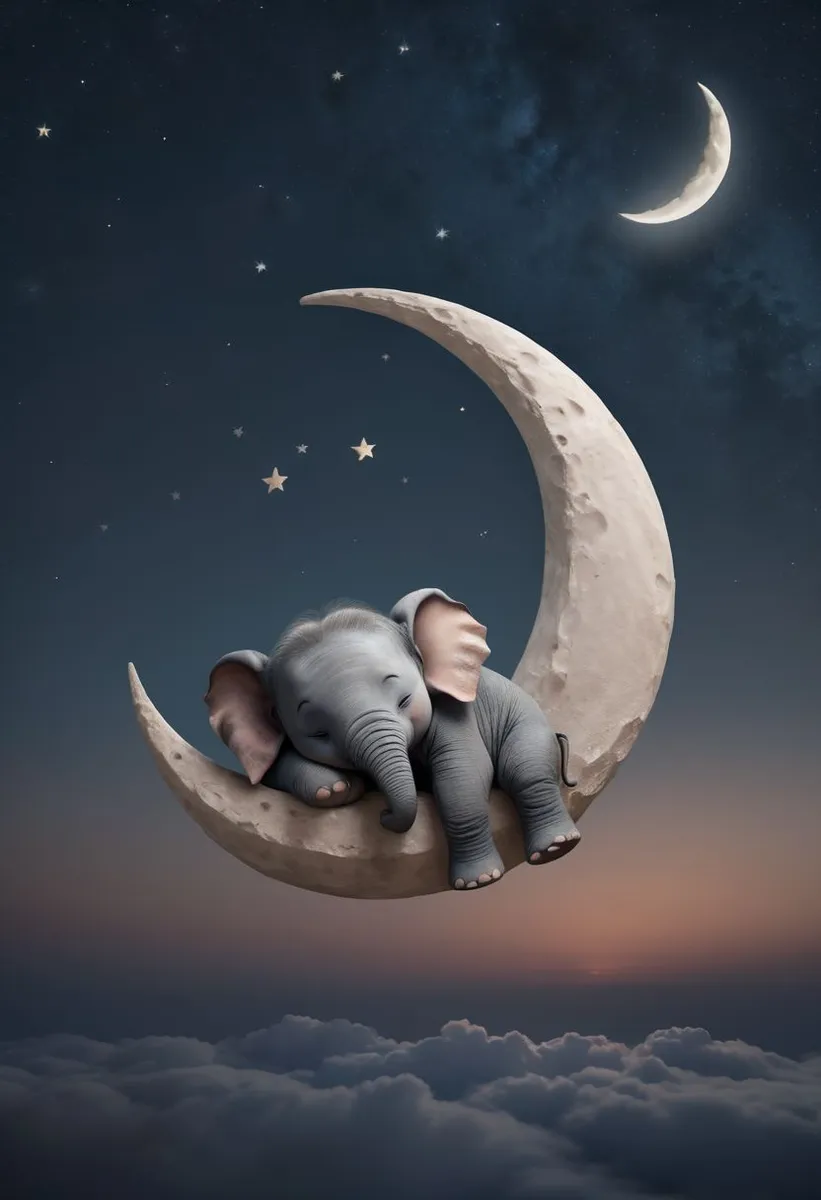 A cute, detailed baby elephant sleeping peacefully on a crescent moon, surrounded by stars in a night sky above fluffy clouds.