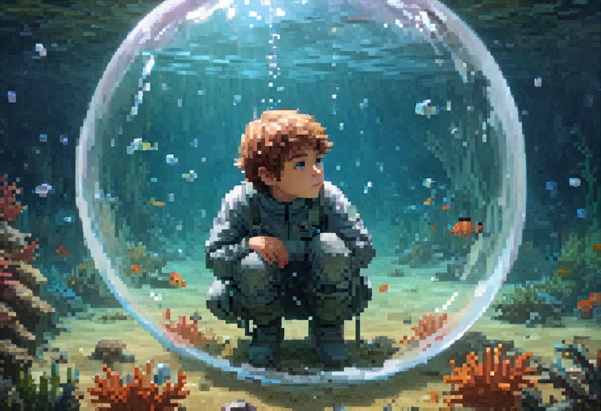 A boy crouching inside a large transparent bubble underwater surrounded by marine life and coral.