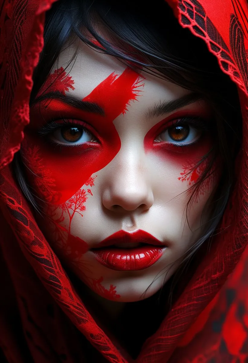 Close-up of an exotic young woman's face with striking red cosmetic paint in geometric patterns, set against a red lace hood, showcasing intricate double exposure effects.