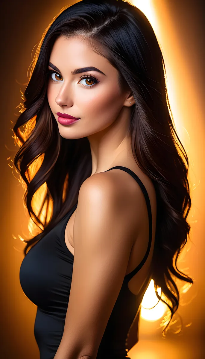 Realistic portrait of a fit 23-year-old Icelandic woman with long jet black hair, brown eyes, wearing a black tight top, posing shyly with a warm backlight highlighting her profile.