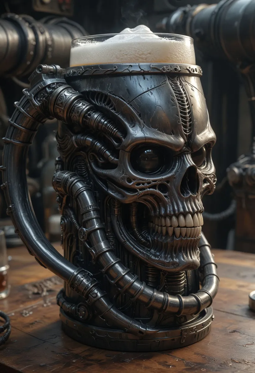 Detailed Giger inspired metallic beer tankard shaped like a biomechanical skull with intricate tubing and highly detailed textures, filled with frothy beer.