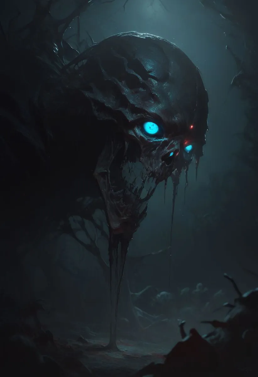 A tall black shadow entity with blue glowing eyes, surrounded by deep shadows in an abandoned basement with haunting tendrils.