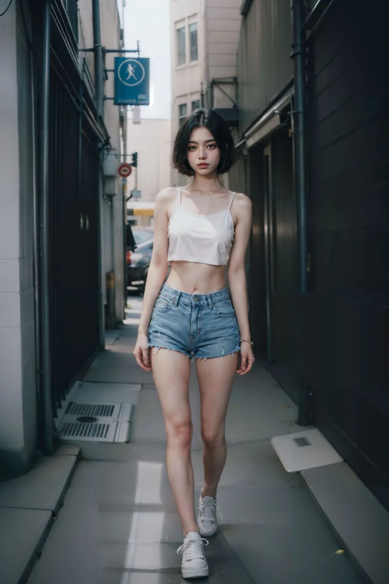 Young woman with short dark hair wearing a white crop top, denim shorts, and white sneakers walking confidently down an urban alley.
