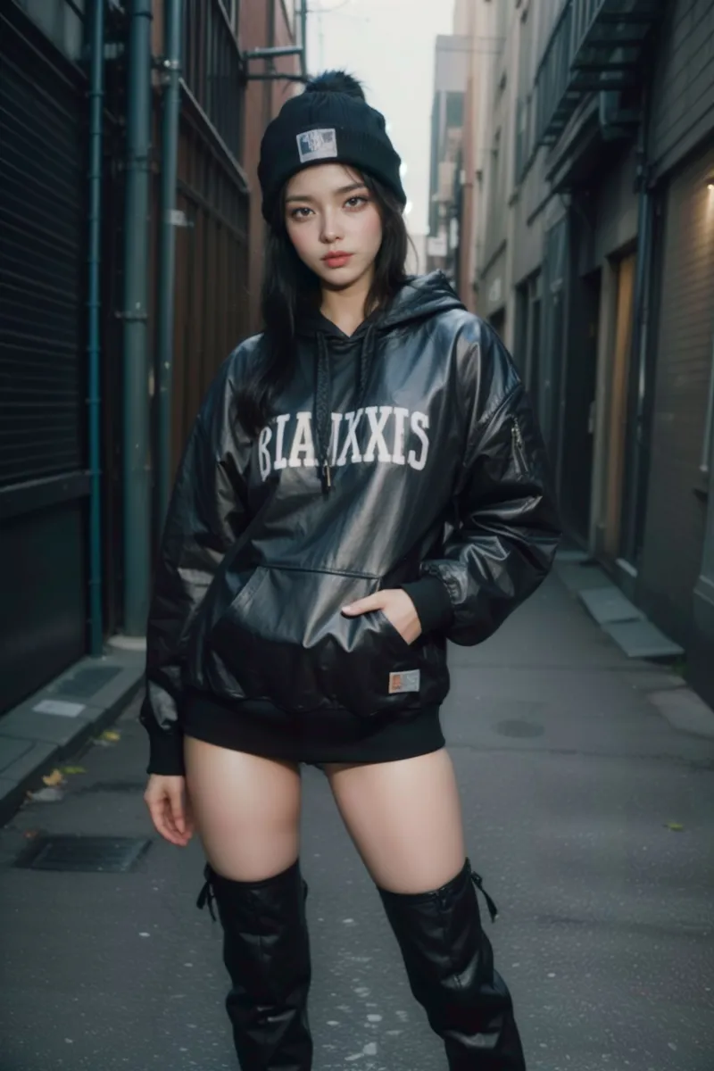 Young woman in a black hooded sweatshirt dress and thigh-high boots posing in an urban alleyway wearing a beanie and jewelry