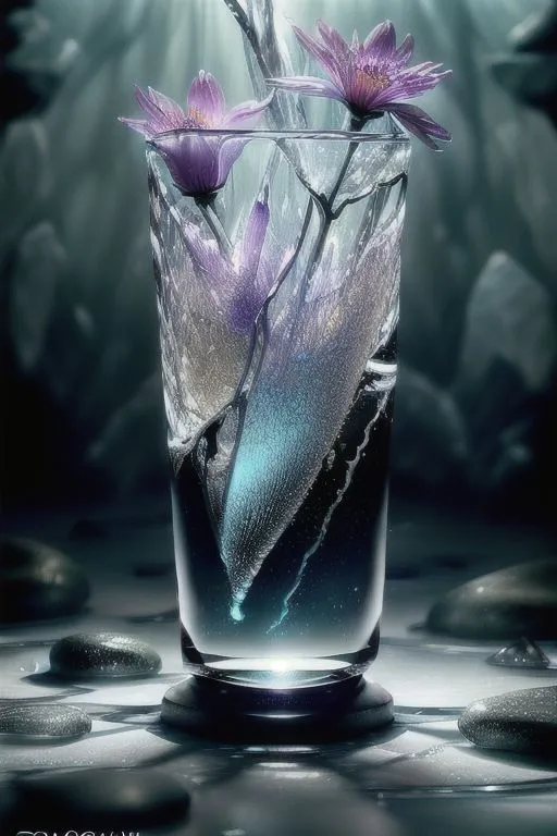 A glass filled with water featuring delicate purple crystal flowers and ice, surrounded by smooth stones under soft ambient light.
