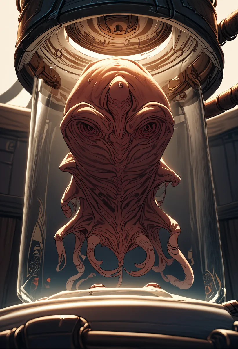 Close up of an alien creature in fetal position floating inside a stasis tank, depicted with soft shadows and a simple background in realistic anime style.