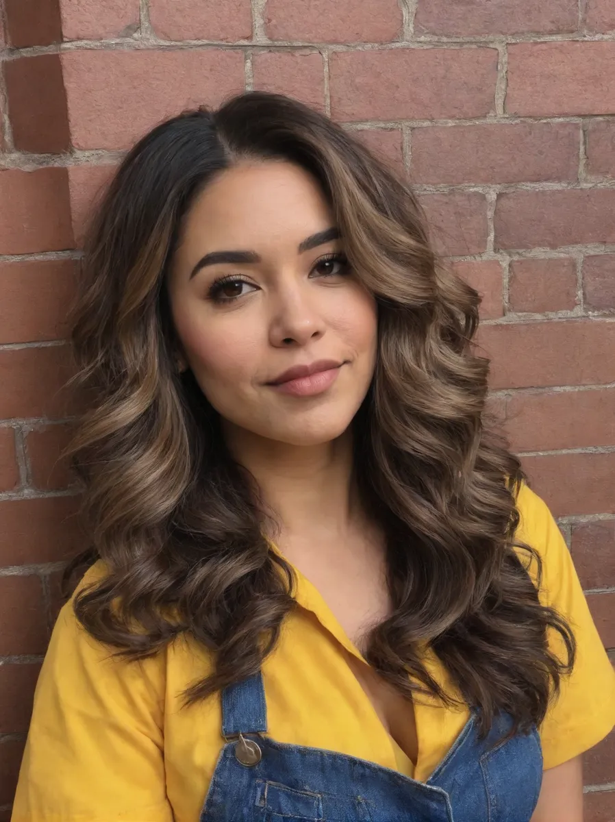 Young woman with curly hair wearing a yellow shirt and denim fast food uniform, standing against a brick wall.