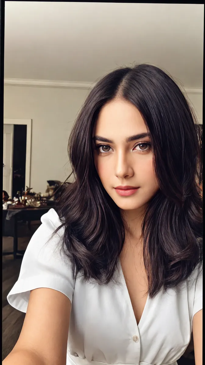 Close-up selfie portrait of a female maid with medium-length dark hair styled in loose waves, wearing a white buttoned outfit, captured with bloom light for intricate detail and Kodak Portra 800 style.