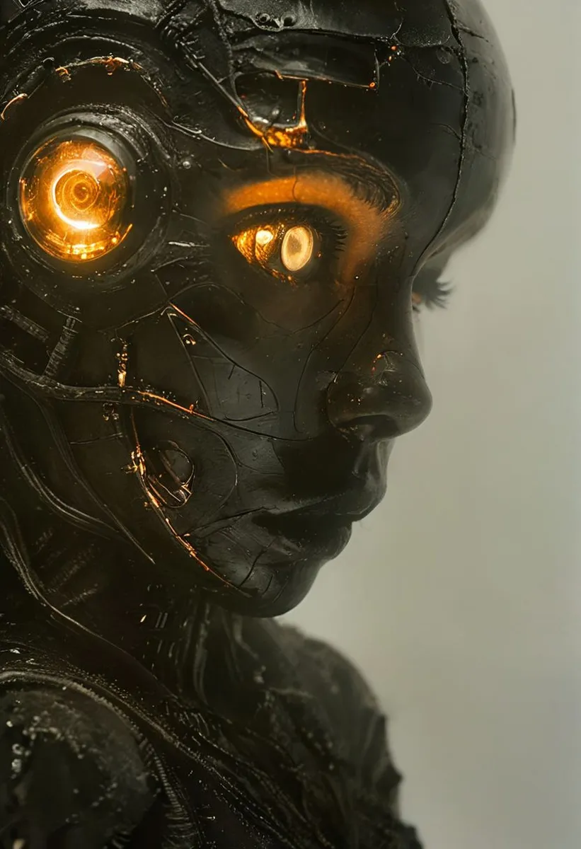 Closeup of a dark mechanical cyborg face with glowing orange eye and intricate electrical wire armor details in high resolution