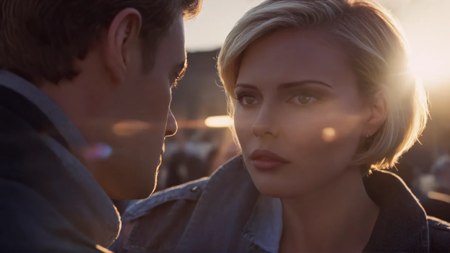 Cinematic portrait of a man and woman with cinematic lens flare and dramatic backlighting, featuring Kodak film style and shallow depth of field.