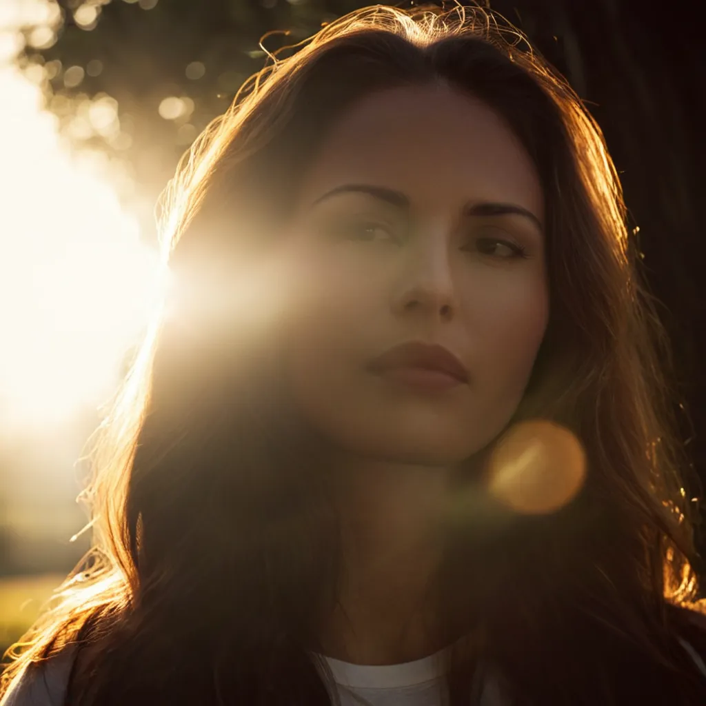 Cinematic portrait of a woman with long hair in profile, backlit by sunlight creating lens flare and bokeh, with dramatic Kodak film-style lighting and film grain.