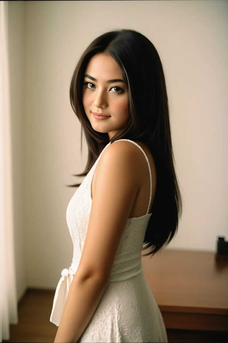 Portrait of a woman with long dark hair wearing a white lace dress, softly illuminated by natural indoor light.