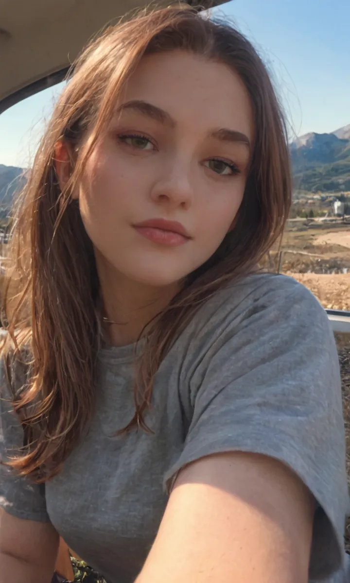 Close-up selfie of a young woman with makeup, taken at a rare angle during a sunset with mountains visible in the background.