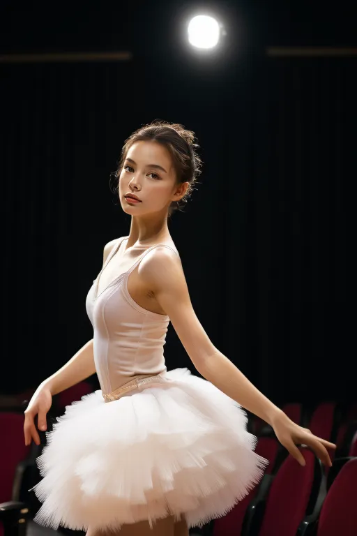 Realistic midshot of a ballerina wearing a white tutu and light leotard dancing in a theater with a spotlight on her