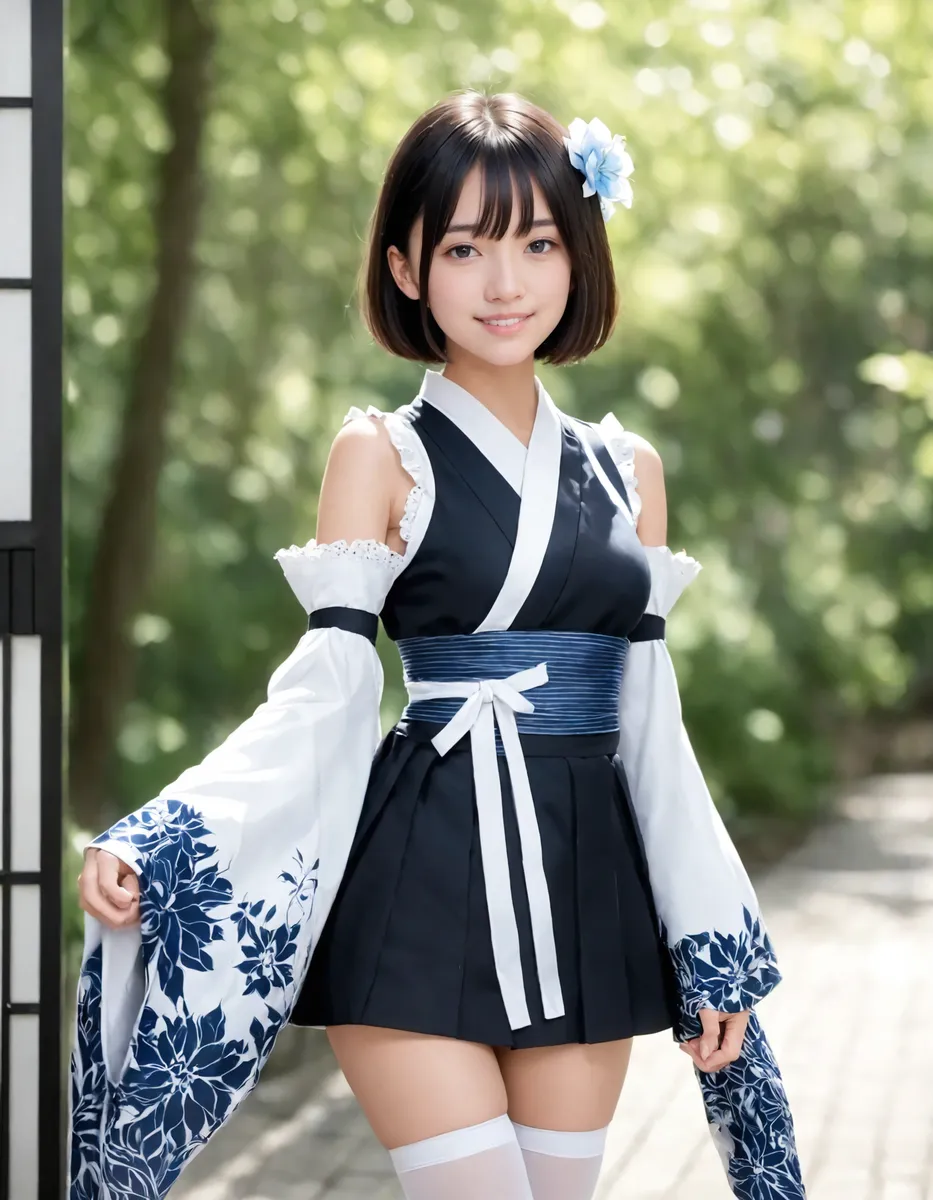 A photorealistic young woman with short black hair and black eyes wearing a stylish Japanese kimono with floral print, wide detached sleeves, white thighhighs, and a light smile outdoors.